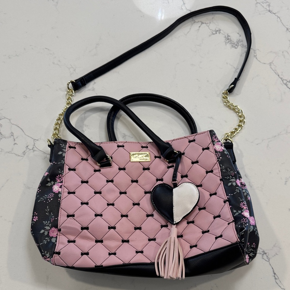Betsy Johnson Pink and Black Quilted Shoulder Bag